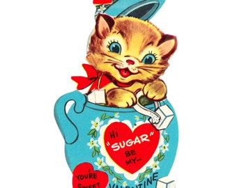 Vintage Kitten Valentine Card, Cat in Sugar Bowl Printable (Digital Download)