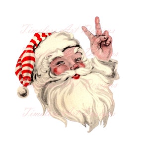 Téléchargement numérique PNG JPG fond transparent père Noël cool chapeau rayé rouge signe de la paix carte de Noël rétro vintage clipart imprimable