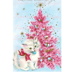 Imprimible retro vintage de un adorable gatito, árbol de Navidad rosa, imagen de descarga digital, imagen de tarjeta navideña vintage. ¡Gato Pinkmas imprimible!