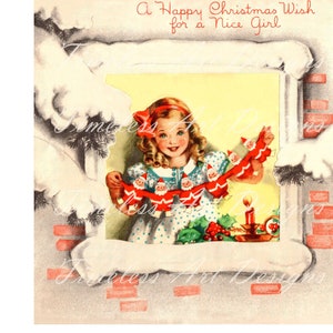 Imagem de download digital para impressão de menina de Natal, doce menina segurando bonecos de papel do Papai Noel, imagem de cartão de Natal vintage!