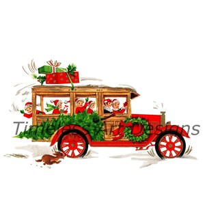 May include: A red vintage car with a wooden body is filled with Christmas elves and a Christmas tree. The car is decorated with a wreath and a bow. There are presents on top of the car.