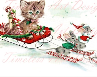 Instant Digital Download Image Santa Kitten Cat Mice On Candy Cane Sleigh Printable Clipart Vintage Christmas Image!