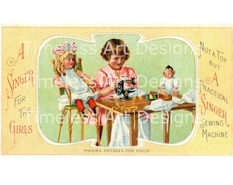 Descarga digital instantánea Anuncio de costura de cantante Vestidos de costura de niña dulce para Dolly ¡Anuncio de máquina de coser de cantante antigua imprimible!