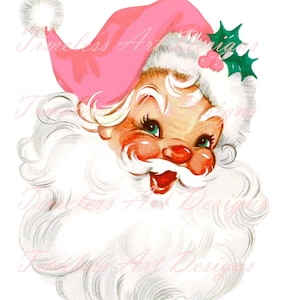 Téléchargement numérique Clipart Père Noël fond transparent PNG JPG des années 50, père Noël rétro, chapeau rose, yeux verts, carte de Noël imprimable vintage MCM