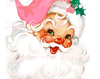 Descarga digital de imágenes prediseñadas de Papá Noel con fondo transparente PNG JPG, Papá Noel retro de los años 50 con ojos verdes y sombrero rosa, tarjeta navideña vintage imprimible MCM