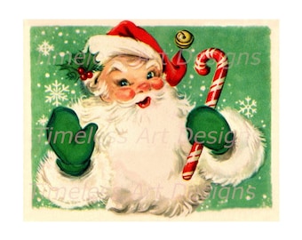 Descarga digital Retro Jolly Old Santa Claus imprimible, bastón de caramelo, gráfico de tarjeta navideña vintage. 1 png transparente, 1 png 2 jpg.