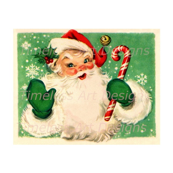 Digital Download Image, Jolly Old Santa Claus, Green Gloves, Candy Cane, Vintage Christmas Card. Retro Santa Printable. 1 png  2  jpgs.
