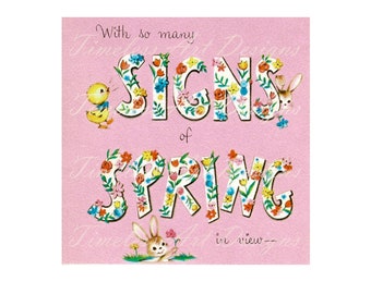 Instant Digital Download Signs Of Spring Cute Chick & Bunny Rabbits Pink Vintage Easter Greeting Card Printable. 2 jpgs.