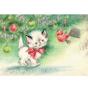 Image en téléchargement numérique Joli chaton blanc, chaton en noeud rouge sous le sapin de Noël, décorations, carte de Noël vintage. Chat à imprimer !