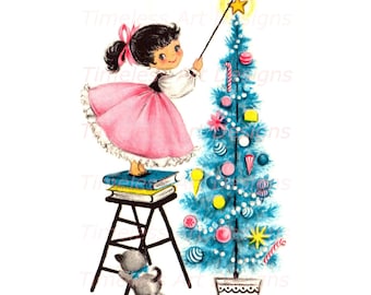 Vintage Christmas Lady Printable Digital Download Image, Pretty Girl In Pink With Kitten Hang Star On Christmas Tree, Retro Christmas Card!