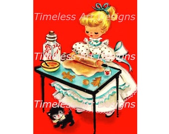 Vintage Christmas Card Image, Girl Baking with Kitty (Digital Download)