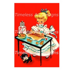 Digitaler Download Bild, ziemlich blonde kleine Dame Lebkuchen Backen mit Kitty, Vintage Weihnachtskarte, kitschig, Lady Printable!