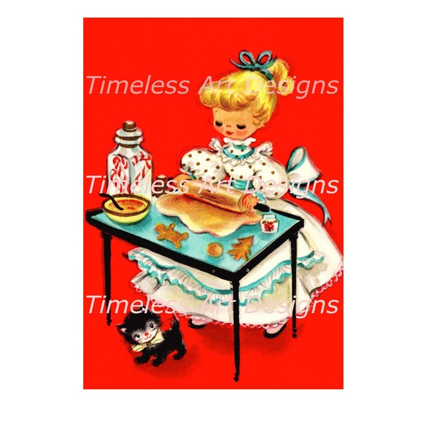 Digital Download Image, Pretty Blond Little lady Baking Gingerbread Cookies With Kitty, Vintage Christmas Card, Kitschy, Lady Printable!