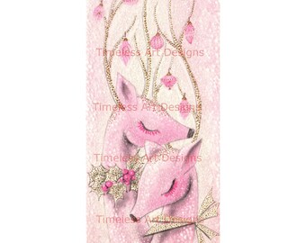 ¡Descarga digital! Tarjeta navideña vintage con reno navideño retro rosa imprimible con purpurina rosa, clipart Shabby de Pinkmas Coquette.