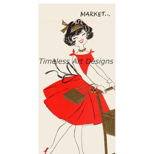 Image à téléchargement numérique, jolie jeune femme en robe rouge, shopping au supermarché, image de carte de voeux vintage !
