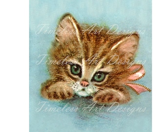 Digital Download Image, Sweet Kitty, Kitten Cat Wearing A Pink Bow, Vintage Greeting Card Image, Cat Graphic. Kitten Printable!