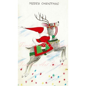 Digital Download MCM Retro Santa Claus Riding Reindeer Printable Clipart Vintage Christmas Card Graphic!