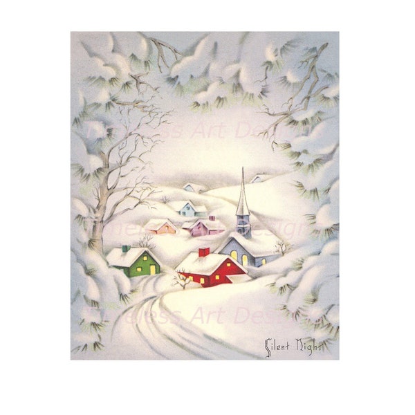 Digital Download Image, Beautiful Christmas Snow Covered Village, "Silent Night", Vintage Christmas Card, Christmas Printable!