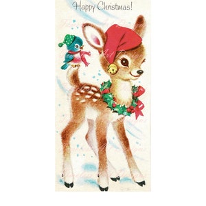 Digital Download Reindeer Printable süsses Reh trägt eine Weihnachtsmütze Bluebird Vintage Weihnachtskarte Grafik Clipart!