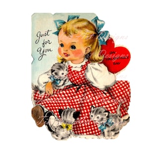 Imagen de descarga digital vintage, adorable niña con gatitos, gatos gatitos, tarjeta de San Valentín vintage, ¡chica de San Valentín imprimible!