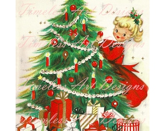 Digitale download Pretty Little Lady trimmen van de boom afdrukbare clipart vintage kerstkaart grafische kunst!