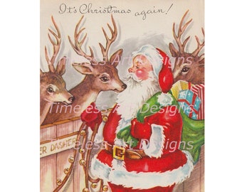 Digital Download Image, Jolly Old Santa Claus With His Reindeer, Vintage Christmas Card. Greeting Card. Santa Printable!