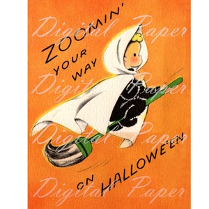 Immagine digitale da scaricare per Halloween: simpatica piccola strega che vola su una scopa, stampabile in stile vintage per Halloween!
