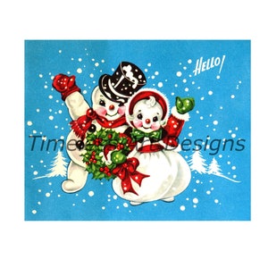 Vintage Retro Snowman Printable Instant Digital Download Image, Cute Snowman Couple Waving, Vintage Christmas Card Image!