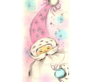 Pink Santa Christmas Card Printable, Vintage Style (Digital Download)