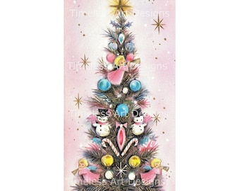 Digital Download Image Super Cute Christmas Tree, Pink Angels, Snowmen, Ornaments, Snowflakes, Vintage Pinkmas Card Printable!