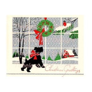 Imagem de download digital, Cute Scotty Dog olha pela janela para Robin, Cartão de Natal vintage, Vintage Scotty Dog para impressão!