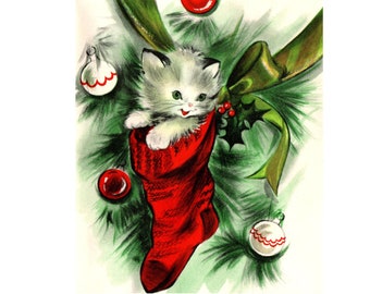 Vintage Christmas Kitty Cat in Stocking Image (Digital Download)