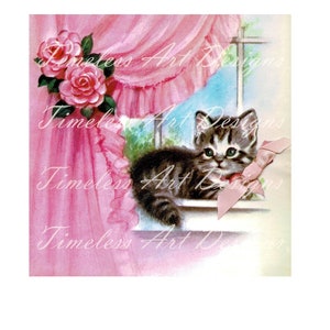 Image à téléchargement numérique Darling petit chaton chat dans la fenêtre roses roses rideaux roses carte de Noël coquette vintage imprimable !
