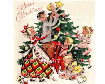 Vintage Christmas Card Image, Family Decorating Tree (Digital Download)