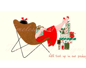 ¡Imagen de descarga digital imprimible de dama de vacaciones vintage, bella dama de rojo relajándose en una silla con regalos, imagen de tarjeta navideña vintage!