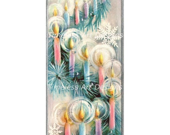 Vintage Pastel Christmas Candles Card, Snowflakes & Fern (Digital Download)
