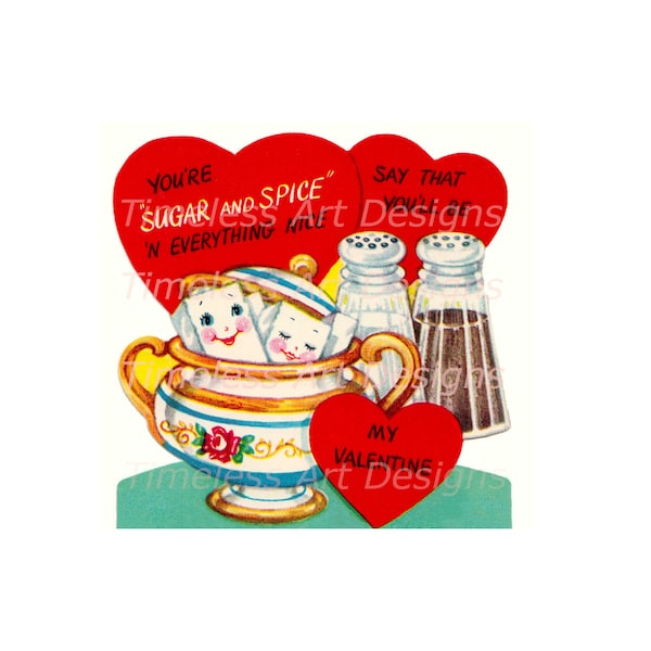 Digital Download Retro Valentine Clipart Printable Anthropomorphic Sugar & Spice Salt Pepper Shakers Vintage Kitschy Valentine Card Graphic!