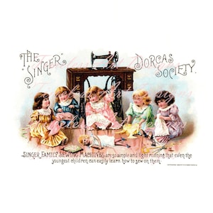 ¡Descarga digital de anuncio de máquina de coser Singer, clipart imprimible, ropa de muñecas para niñas pequeñas, tarjeta comercial antigua vintage, gráfico!
