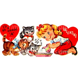 Download digitale stampabile di San Valentino con una ragazza carina che nutre i suoi gattini, grafica vintage per la cartolina di San Valentino!