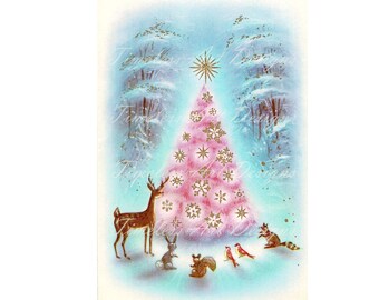 Digital Download Image,  Deer & Woodland Animals Gathered Around A Beautiful Pink Christmas Tree. Vintage Christmas Card Image!