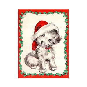 Imagen de descarga digital de cachorro de perro imprimible, lindo cachorro de perro con gorro de Papá Noel y campana, ¡imagen de tarjeta navideña vintage!