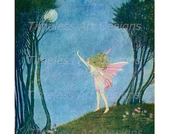 Imagen digital de una hermosa hada atrapando la luna. Ilustración de arte antiguo, gráficos vintage de hadas. Hada imprimible.