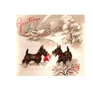 Imagen de descarga digital, lindos perros Scotty con regalo Imagen de descarga digital. Tarjeta navideña vintage. ¡Scotty imprimible!