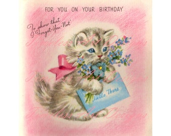 Vintage Kitten Birthday Card Image, Forget Me Nots (Digital Download)