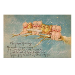 Digital Download Image, Darling  Kewpies & Chicks Sit On A Tree Branch, Carol Singing, Vintage Christmas Card. Kewpie Printable! 2 jpgs