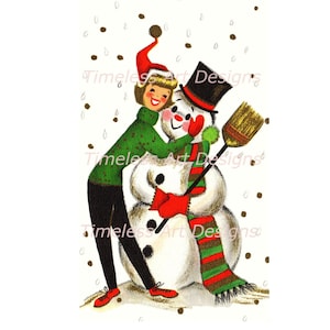 Imagem de download digital, jovem vintage abraçando um boneco de neve, imagem de cartão de Natal. Senhora de Natal para imprimir!