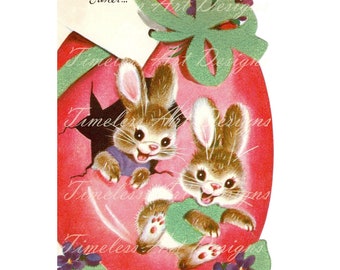 Digital Download Easter Printable Cutest Bunny Rabbits Hatching From An Egg Vintage Easter Card Image!