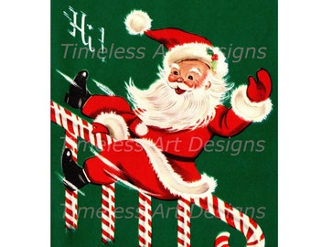 May include: A vintage Christmas illustration of Santa Claus in a red suit with white trim, climbing a ladder made of candy canes. The background is green. The text "Hi!" is written in the top left corner of the image.