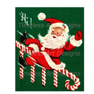 Digital Download Image, Jolly Santa Claus Sliding Down A Candy Cane Stair Rail, Vintage Christmas Card. Santa Printable.