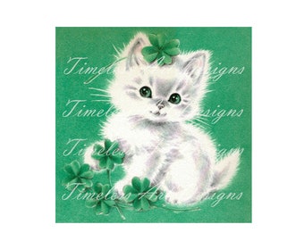 Digital Download Image Cute Kitten Cat With Shamrocks Vintage St. Patrick's Day Card Image Irish Greeting Card Printable!